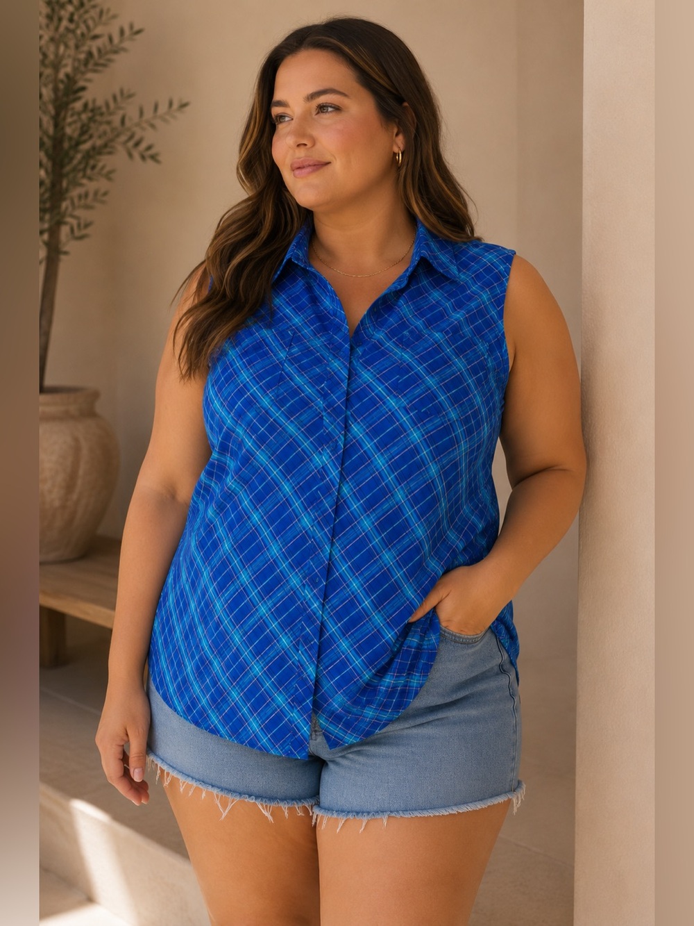 Torrid Plaid Semi Sheer Sleeveless Purple And Blue Button Up Top Size 2X